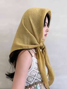 1pc/2pcs Solid Color Stitching Design Square Scarf 85cm, Lightweight Style, Suitable For Daily Use As Sun Protection Shawl, Headscarf Or Fashion Accessory, Also A Great Gift For Friends And Family; Can Be Used As Casual Headband Or Soft Headscarf/Veil To Match Robes. - Monochrome - View 14