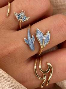 3pcs/Set Ocean Style Dolphin Tail Rings, Geometric Asymmetrical Women's Fashion Personalized Ring Set, Suitable For Beach Vacation Party - Gold - View 3