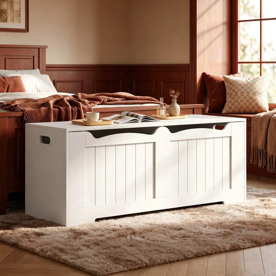 Halupeit 47.2-Inch Wooden Flip Storage Box, Double Hinged White Storage Stool With Handle, Versatile For Foyer Bedroom And Living Room - White - View 1