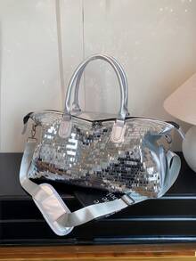 New Fashion Travel Bag, Solid Color Minimalist Niche Design With Sequins, Stylish And Cool, Suitable For Short Trips And Fitness, With Independent Shoe Compartment, Large Capacity, Versatile And Exquisite - Silver - View 5