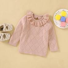 1pc Light Pink Double Layer Ruffle Collar Diamond Hollow Out Girls Knit Sweater, Baby Girl Round Neck Long Sleeve Pullover Top, Versatile Base Layer - Pink - View 11