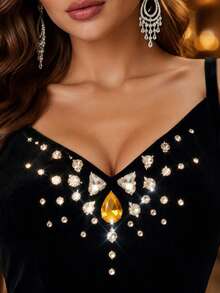 HOMEYEE Women's Black Slim Fit Evening Gown, Fashionable Handmade Rhinestone Embellished Bridesmaid Dress, Cocktail Party Formal Evening Long Dress - Black - View 2