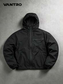 Black Multi-Pocket Drawstring Hooded Zip-Up Jacket, Spring/Autumn Outdoor Mountain Style & Urban Street Basic Jacket, Loose Fit Full Zip Hooded Windbreaker Top For Men - Black - View 1