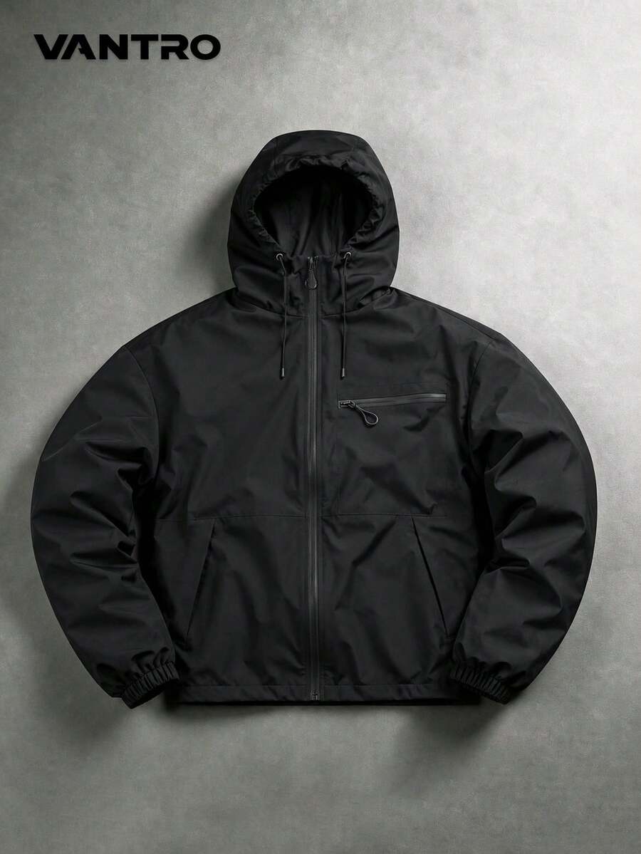 Black Multi-Pocket Drawstring Hooded Zip-Up Jacket, Spring/Autumn Outdoor Mountain Style & Urban Street Basic Jacket, Loose Fit Full Zip Hooded Windbreaker Top For Men - Black - View 1