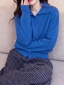 女款休閒極簡鈕扣設計針織開襟毛衣，秋冬季 - 藍色 - 查看 5