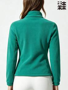 mulinsen Women's Solid Color Fleece Sports Jacket, Stand Collar Zipper Style, With Zipper Pockets, Letter Detail, Elastic Cuffs, Warm Fabric - Cadet Blue - View 2