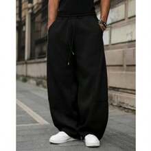Kit 2 Calça Wide Leg Reta Larga Oversized Modelo Streetwear Lisa 100% Algodão - Preto e Cinza - Visão 3