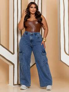 CALÇA JEANS PLUS SIZE WIDE LEG CARGO CINTURA ALTA - Lavagem escura - Visão 1