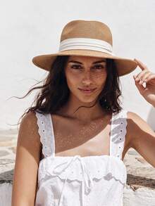 CAJUNI 1pc Women's Colorblock Fashionable Summer Sun-Shielding Versatile Woven Jazz Hat, Straw Hat - Khaki - View 5