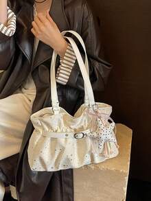 New Casual Solid Color Oxford Cloth Tote Bag, Star Pattern, Pleated Fabric Women Shoulder Bag, Aesthetic - White - View 6