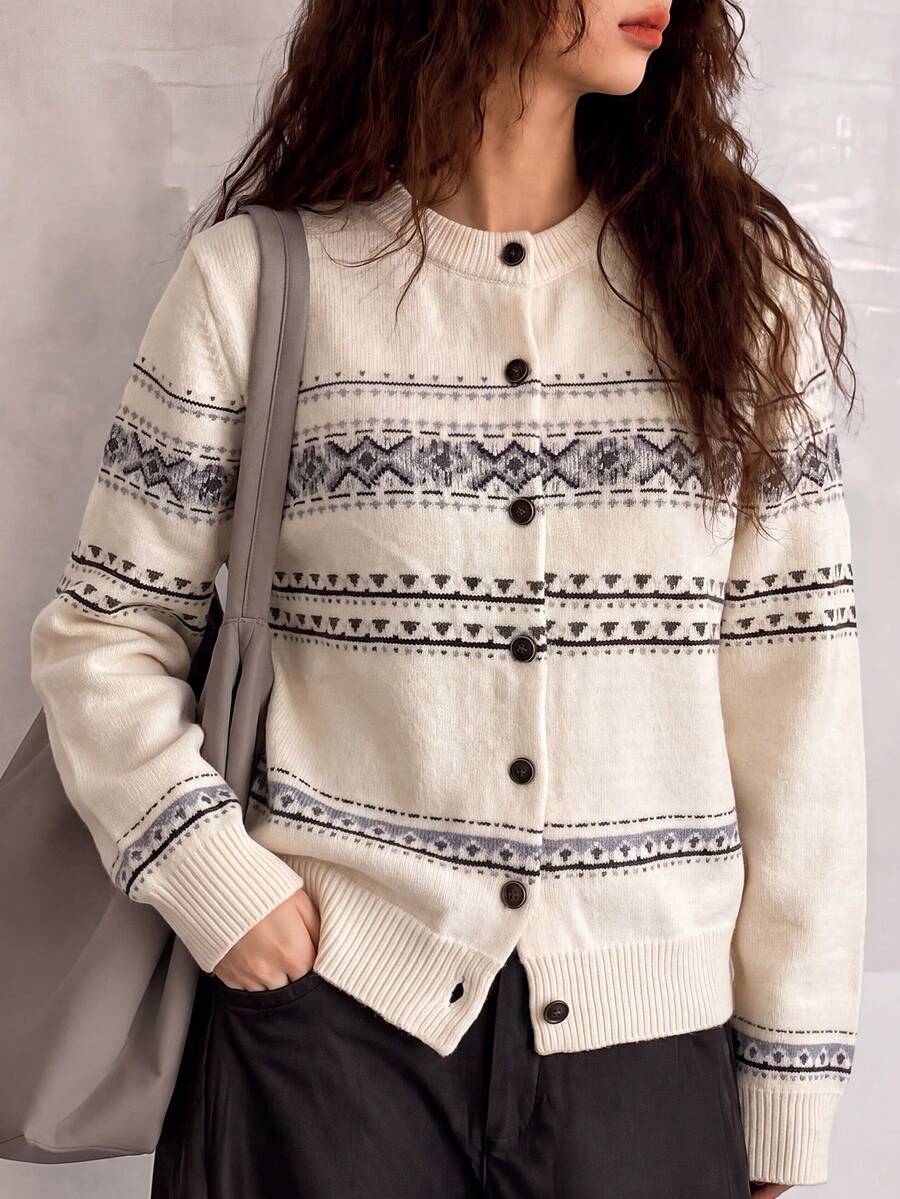 Women's Autumn/Winter Casual Minimalist Vintage Pattern Cardigan Sweater Fall - Beige - View 1
