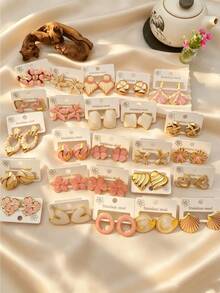 4/8/16/24/32-Piece Set: Vintage Sweet Pink & Gold Heart-Shaped Wavy Stainless Steel Earrings – Women's Jewelry, Party Accessories, Elegant Accessories For Women - Multicolor - View 3