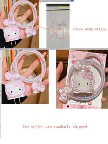 SANRIO Hello Kitty DIY Data Cable Charger Protective Cover, Data Cable Storage Marker Anti-Theft - High Quality, Suitable For IPhone 17 16 15 14 13 12 11 Phones 20W Charging Adapter, Buyer Needs To Manually DIY Paste Accessories, Free Strap Included - Pink Big Bow - View 5