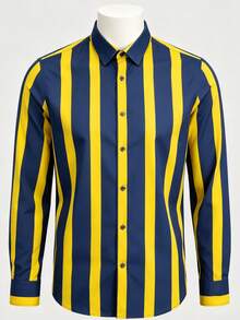 Men's Long Sleeve Striped Single-Breasted Casual Commuter Shirt - Yellow - View 2
