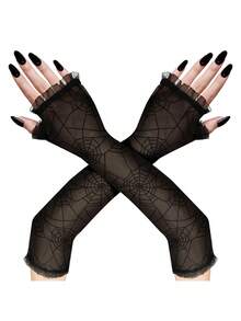 1 par de mangas largas sin dedos de malla de telaraña gótica para mujer, colores negro, naranja y púrpura, guantes de cosplay de bruja de Halloween, accesorios de disfraz de estilo punk oscuro para fiesta, bar, carnaval y atuendo de temática de terror - Guantes de Halloween - Ver 11