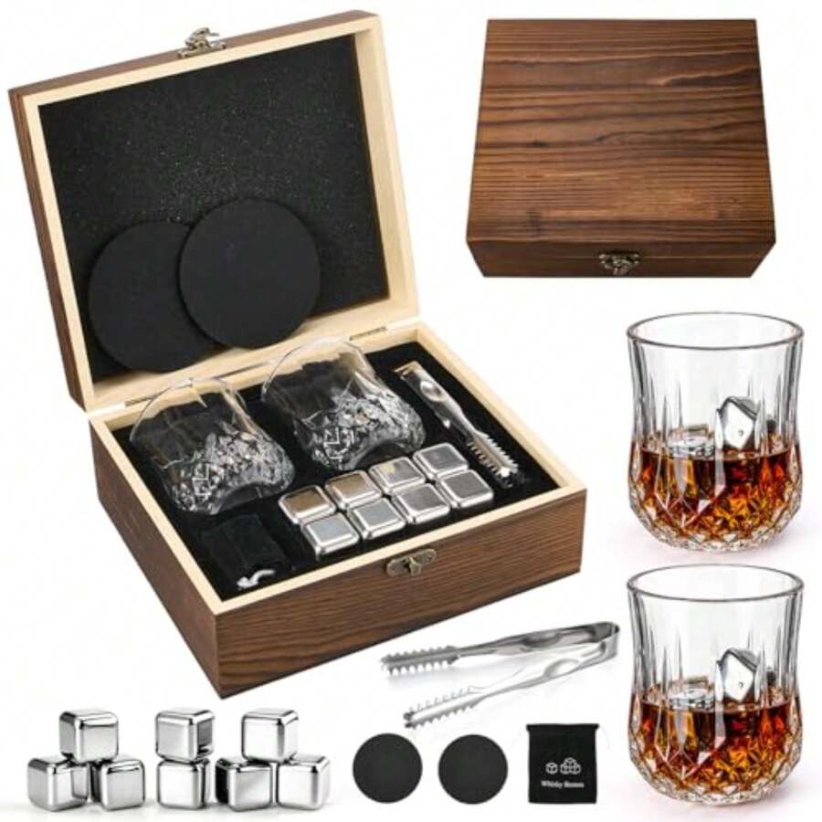 Regalos para Hombre, Juego Vasos para Whisky de Regalo con 2 Vasos de Cristal, 8 Piedras de Acero Inoxidable, Pinzas, 2 Posavaso y Bolsa Portátil, Regalo para Marido, Día del Padre, Cumpleaño - Redondo - Ver 1