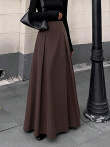 High Waist Patchwork Long A-Line Skirt, Women's Solid Brown Flared Hem Maxi Skirt, Autumn/Winter - Dark Brown - View 3