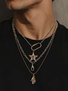 3pcs Niche Design Multi-Layer Stackable Necklace Set, Vintage Pentagram Gemstone Palm Pendant, Suitable For Daily Wear And Holiday Gifts - Color Mixing - View 2