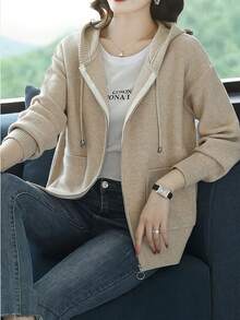 Women's Autumn New Hooded Drawstring Cardigan Sweater, Versatile Zipper Pocket Long Sleeve Top, Fitted Silhouette, Women's Knit Cardigan Jacket Fall - Apricot - View 5