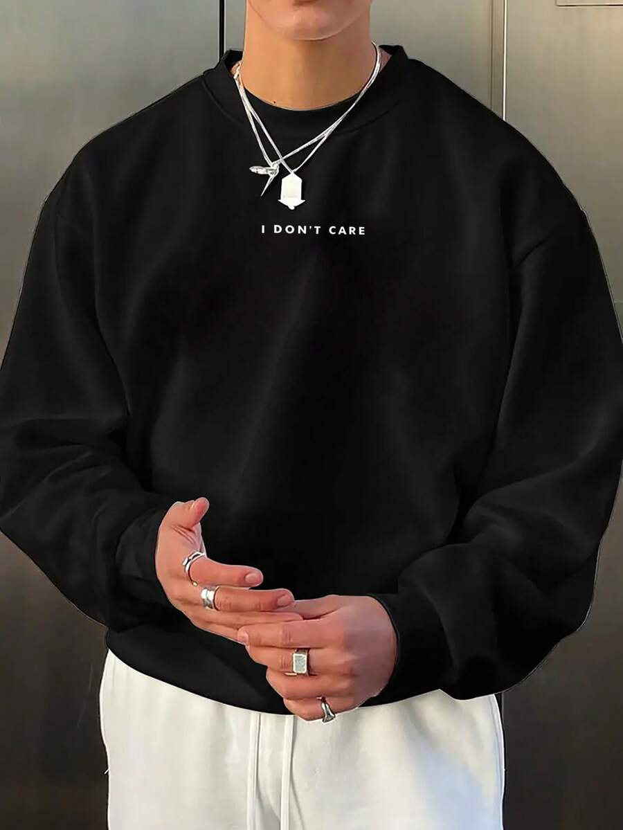 Men's Spring/Autumn Casual Versatile Minimalist Print Crew Neck Sweatshirt, Suitable For Daily Commute - Black - View 1