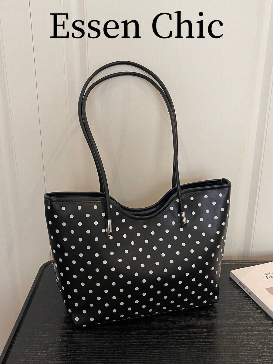1pc Black Large Capacity Polka Dot PU Tote Bag Women's Shoulder Bag