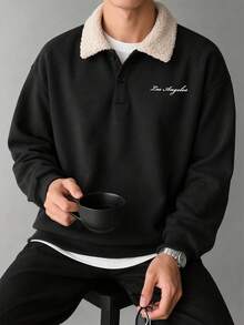 Men's Spring Autumn Winter Fashion Casual Versatile Patchwork Minimalist English Print Fleece Collar Sweatshirt - Black - View 2
