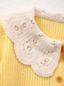 Tween Girl Knitted Embroidered Floral Collar Cardigan For Daily Wear - Yellow - View 6