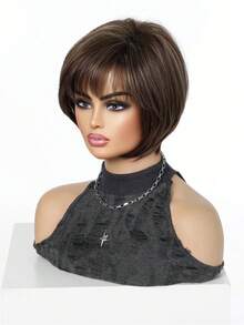 8 Inch Brown Highlight Short Bob Wig With Bangs For Women, Heat Resistant Synthetic Machine Made Wig, Beginner Friendly Ladies Wig, Great For Daily Wear, Halloween, Christmas, Music Festivals, Cosplay, Ideal Festival Gift For Girls For Ramadan & Eid - Multicolor - View 4