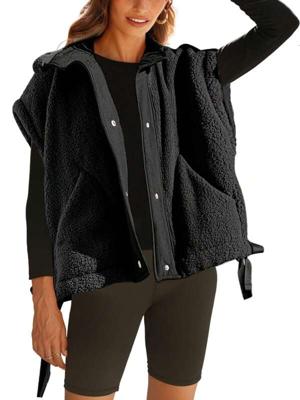 Womens Fall/Winter Fleece Vest Casual Sleeveless Button Down Sherpa Jacket Outerwear With Pockets