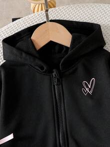 Baby Girl Heart Pattern Printed Hooded Zip-Up Sweatshirt And Pants Set - Black - View 3