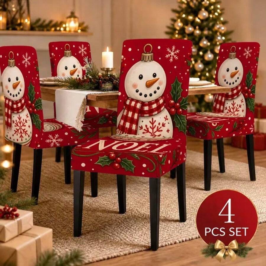 1/2/4/6/8/150pcs Christmas Snowman Print Elastic Chair Covers, Removable, Washable, Easy To Clean, Suitable For All Seasons, Holiday Home Decor, Fits Dining Room, Living Room And Kitchen