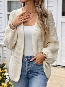 Textured Knit Cardigan, Relaxed Fit, V-Neckline, Long Balloon Sleeves, Soft Stretch, Apricot, Elegant Fall Winter Layering Sweater - Apricot - View 3