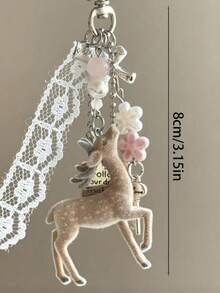 Deer-Shaped Keychain Pendant, Lace Pearl Bow Bag Charm, Korean Sweet Clover Backpack Hanging Chain, Y2K Girl Style Gift - Khaki - View 8