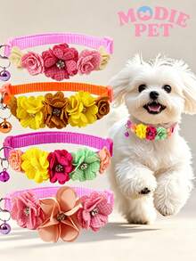1pc Fashionable Fabric Faux Rose Flower Cute Adjustable Bell Collar For Small Pets, Decoration For Happy Cats And Dogs - Multicolor - View 1