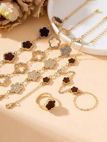 4pcs Luxurious Elegant Exquisite Sparkling Brown Sweet Clover Women's Finger Bracelet/1pc Ring Jewelry Set - Brown - View 2