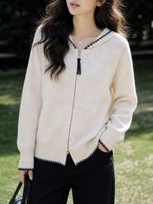 Women's Autumn/Winter Casual Minimalist Contrast Trim Hooded Knit Cardigan Sweater Fall - Beige - View 4
