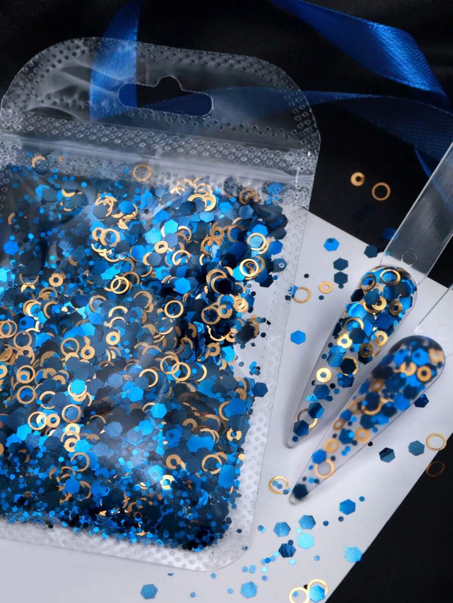 5g Navy Blue & Gold Mixed Hexagon Glitter Nail Art Decoration, Vintage Dark Tone Luxury Style/Vintage Fairy Tale Fantasy Style/Mysterious Mori Style/Deep Sea Eerie Style Nail Art Material, DIY Decoration Supplies For Women's Nail Salon Nail Accessories