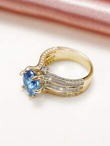 1 buah Cincin Wanita Bertema Kubik Zirkonia, Cocok untuk Pernikahan, Pertunangan, dan Hadiah Hari Valentine - Kuning keemasan + biru laut - View 4