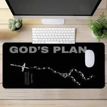 1pc Extra Large Black Background Text Prayer Beads Cross Pattern Mouse Pad, With Non-Slip Rubber Base And Stitched Soft Fabric Keyboard Mat. Minimalist Cool Black And White English Vintage Graphic Aesthetic With Non-Slip Rubber Base And Stitched Soft Fabric Keyboard Mat, Suitable For Gaming, Home Office And Study Scenarios. - View 7