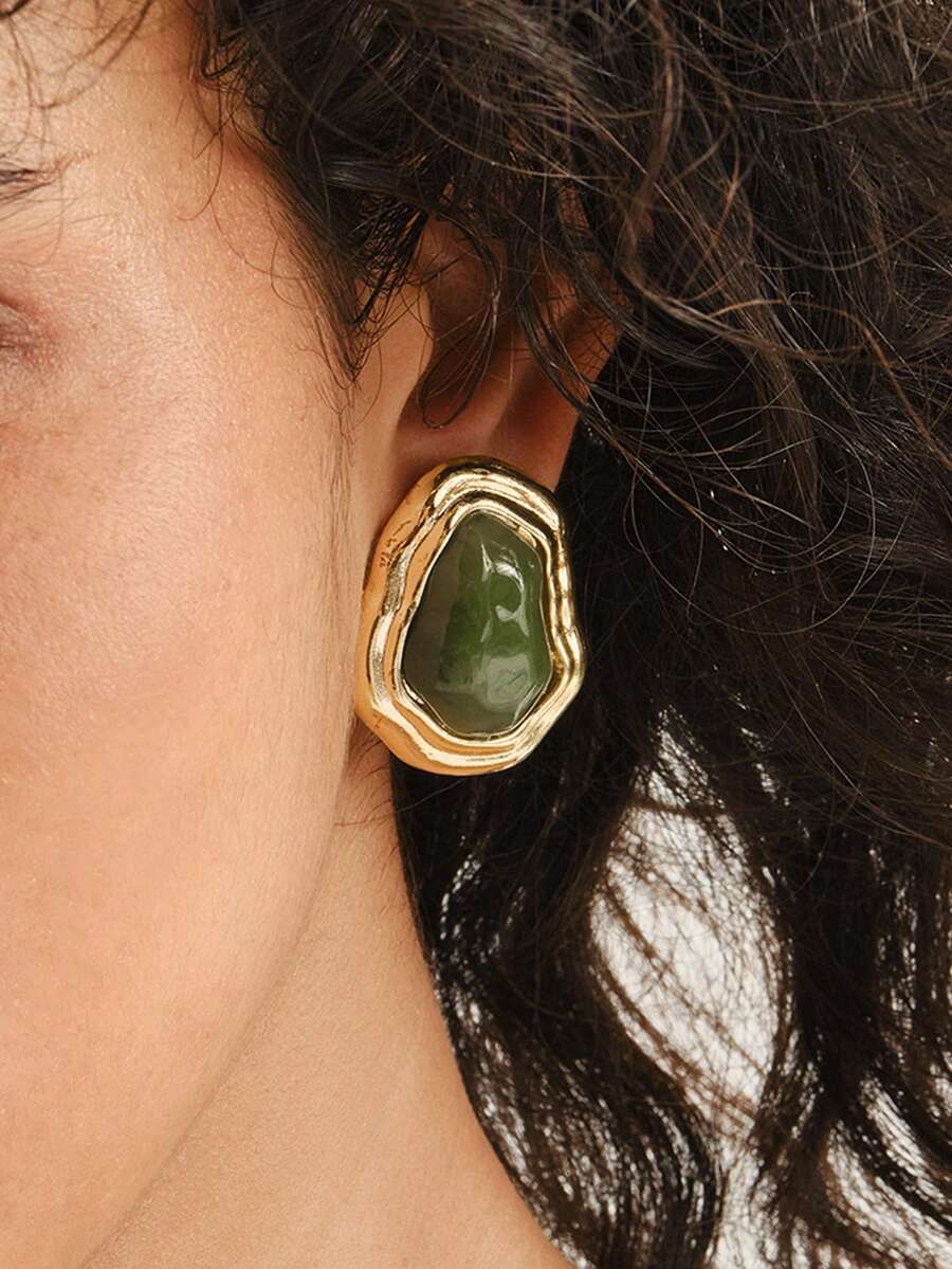 Nocturel 1 Pasang Anting Minimalis Berbentuk Asimetris Bergaya Retro Chic, Serbaguna untuk Bepergian dan Pemakaian Sehari-hari - Hijau - View 1