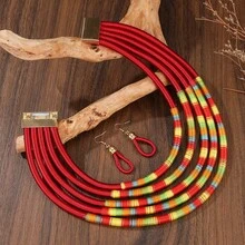歐美非裔跨境波希米亞風誇張多層彩色纏繞項鍊 - 紅色 - 查看 4