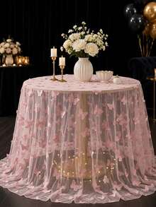 1pc Pink Butterfly Mesh Tablecloth, Double-Sided Polyester Lace Table Cover, Size 220*130cm, Wedding Decoration, Bridal Shower Decor, Birthday Party Decor, Banquet Table Decor, Anniversary Celebration, Table Decoration - Pink Butterfly - View 4