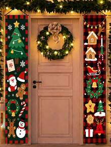 2Pcs Christmas Gatepost Couplet, Gingerbread Man, Snowman, Reindeer, Christmas Tree, Wreath Pattern Christmas Door Cover Banners, 30*180cm Polyester Xmas Front Door Hanging Banners, Porch Sign, Merry Christmas Decoration, Christmas Decor, Xmas Decor, Wall Decoration, Winter Indoor/Outdoor Decoration, Holiday Home Decor - Multicolor - View 2