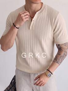 GRKC Men's Henley Collar Short Sleeve Knit Fabric Slim Fit Commuter Style Vertical Ribbed Solid Color Knit Top Spring/Summer - Apricot - View 3