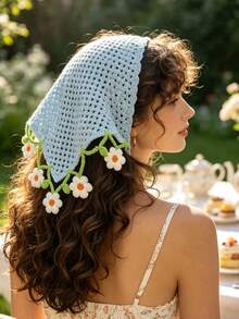 1pc Bohemian Vacation Style Yellow Hollow Knit Sunflower Triangle Scarf - Multicolor - View 14