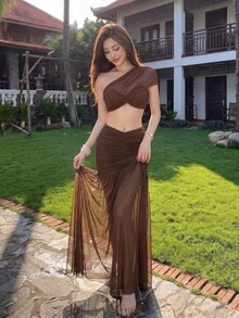 Top Dazzle Casual Chic Women's Semi-Sheer Asymmetrical Neck Crop Top With Ruched Maxi Skirt Brown Two Pieces Set - Brown - View 2