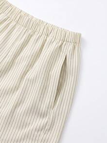 VIBEWAVE Spring/Autumn Daily Commute Beige Fine Striped Mock Neck Cropped Drawstring Top + High Waist Wide Leg Shorts 2 Pieces Set, Slouchy Loose Casual Outfit - Light Yellow - View 6