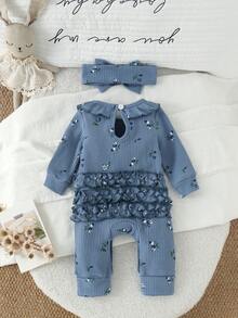 1pc Newborn Baby (Girl) Cute Comfortable Waffle Print Peter Pan Collar Long Sleeve Romper With Headband, Thin Spring/Autumn - Blue - View 2