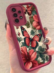 1pc Vintage Red Flower & Butterfly Pattern Phone Case With Burgundy Rice-Grain Texture, Burgundy Leather Frame Shockproof Soft TPU Protective Cover, Compatible With GALAXY, HONOR, Phones - Burgundy - View 3