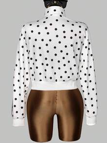 Autumn Casual White Polka Dot Tops For Going Out Long Sleeve Zip Coats Work Wear For Women Back To School - White - View 8